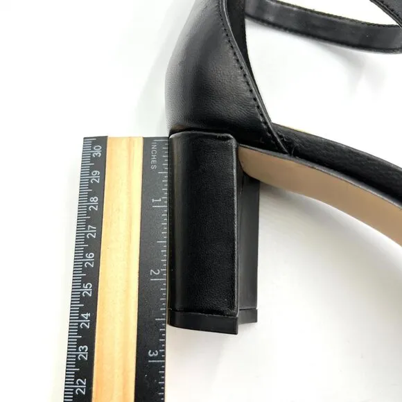 Nine West Womens Pruce Black Leather Block Heel Open Toe Sandals Heels Shoes 6.5