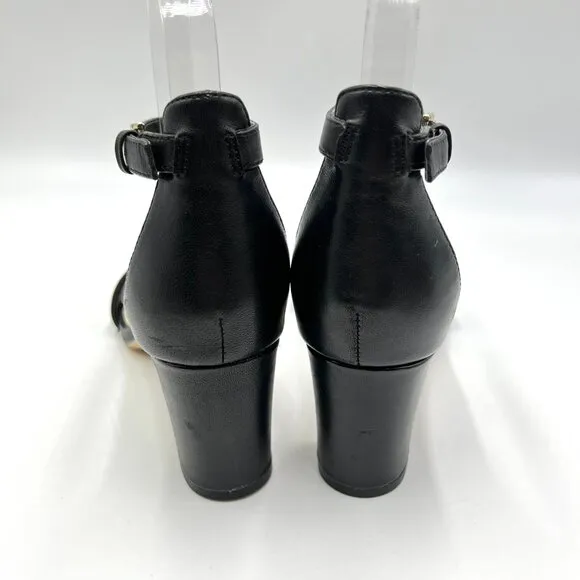 Nine West Womens Pruce Black Leather Block Heel Open Toe Sandals Heels Shoes 6.5