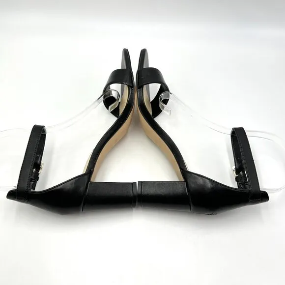 Nine West Womens Pruce Black Leather Block Heel Open Toe Sandals Heels Shoes 6.5