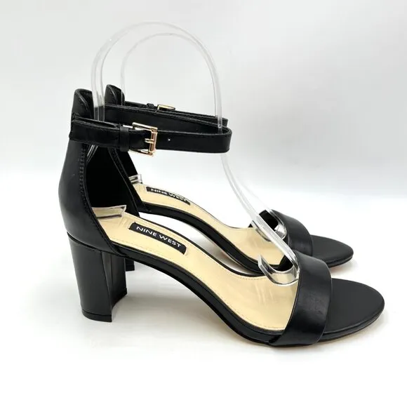 Nine West Womens Pruce Black Leather Block Heel Open Toe Sandals Heels Shoes 6.5