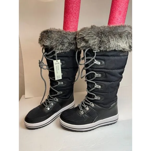 NWOB Cougar Vesta Black Waterproof Winter Boots Faux Fur US 6 Lace-Up