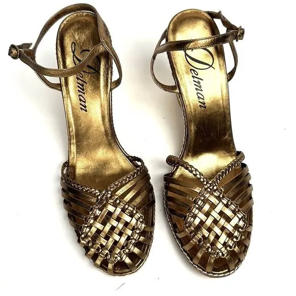 NWOB DELMAN Leather Strappy Wedge Gold Sandals Ankle Strap Made in Spain 40 US 9