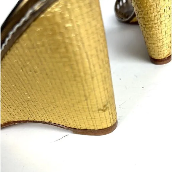 NWOB DELMAN Leather Strappy Wedge Gold Sandals Ankle Strap Made in Spain 40 US 9