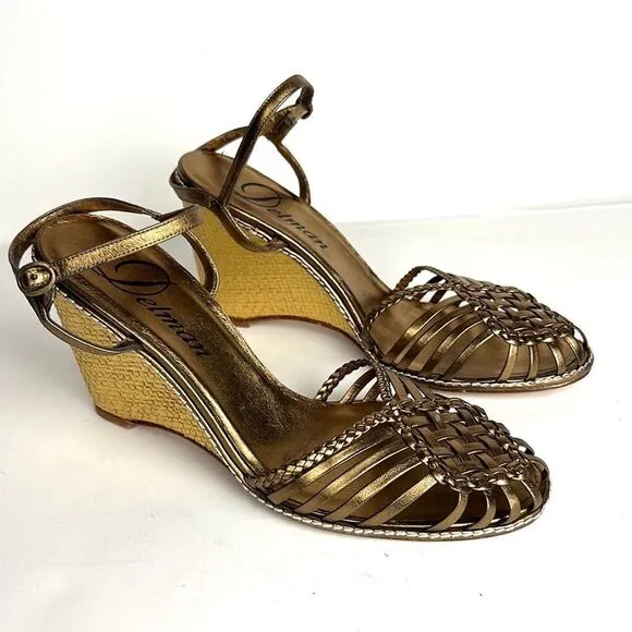 NWOB DELMAN Leather Strappy Wedge Gold Sandals Ankle Strap Made in Spain 40 US 9