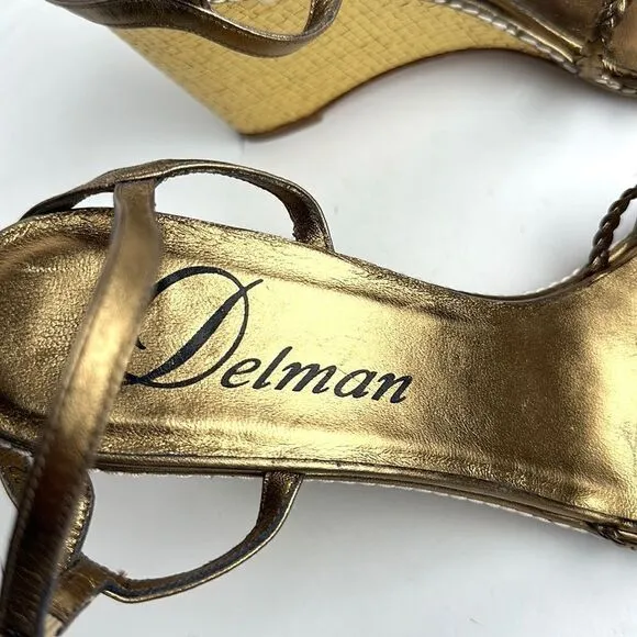 NWOB DELMAN Leather Strappy Wedge Gold Sandals Ankle Strap Made in Spain 40 US 9