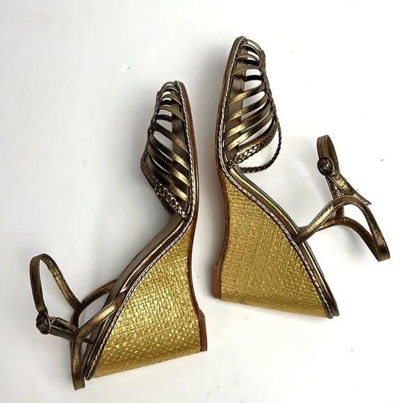 NWOB DELMAN Leather Strappy Wedge Gold Sandals Ankle Strap Made in Spain 40 US 9