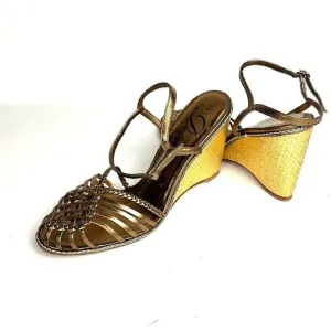 NWOB DELMAN Leather Strappy Wedge Gold Sandals Ankle Strap Made in Spain 40 US 9