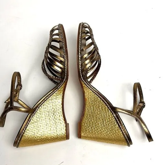 NWOB DELMAN Leather Strappy Wedge Gold Sandals Ankle Strap Made in Spain 40 US 9