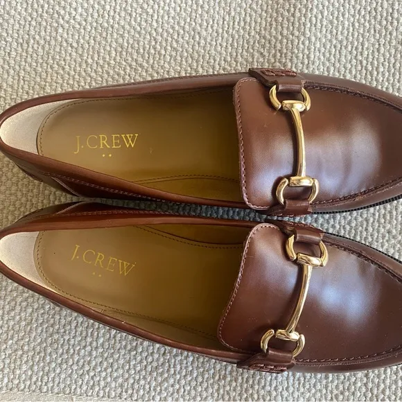 NWOT J. Crew Loafers Cognac Brown Faux Leather Gold Horse-bit Detail, Size 8