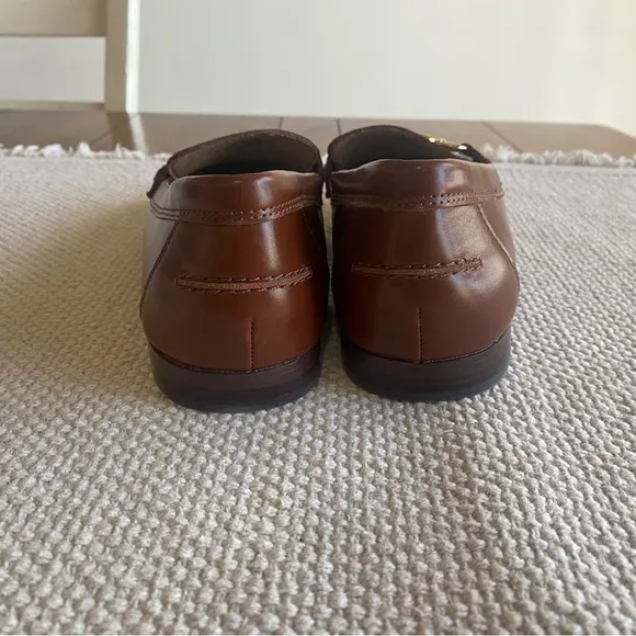 NWOT J. Crew Loafers Cognac Brown Faux Leather Gold Horse-bit Detail, Size 8