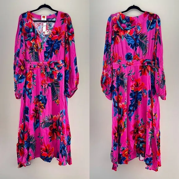 NWT Anthropologie Farm Rio Long-Sleeve V-Neck A-Line Midi Dress