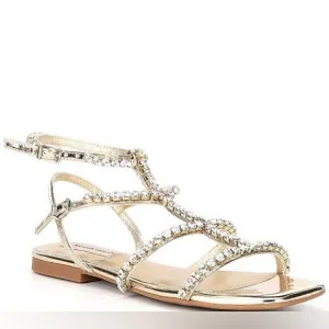NWT Antonio Melani Dayla Metallic Leather Jeweled T-Strap Flat Sandals Silver