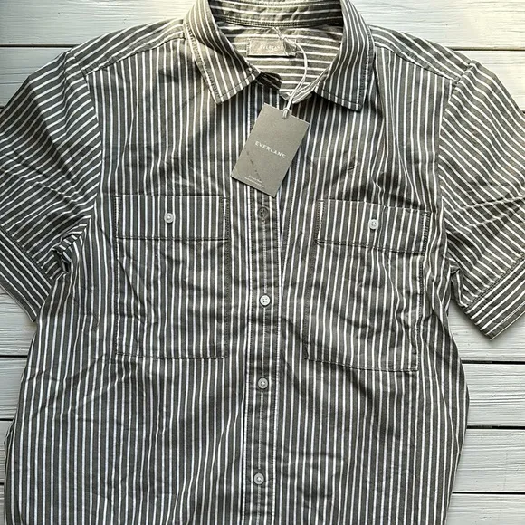 NWT Everlane The Midi Cotton Shirt Dress Olive White Stripe size L