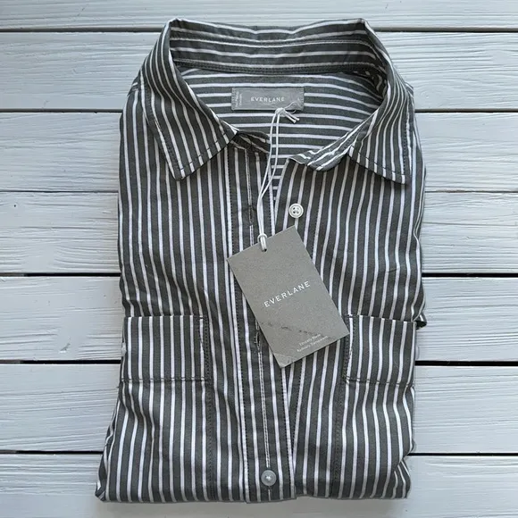 NWT Everlane The Midi Cotton Shirt Dress Olive White Stripe size L