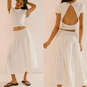 Nwt Free People Carino Set Smocked White Combo Top Midi Skirt Ivory