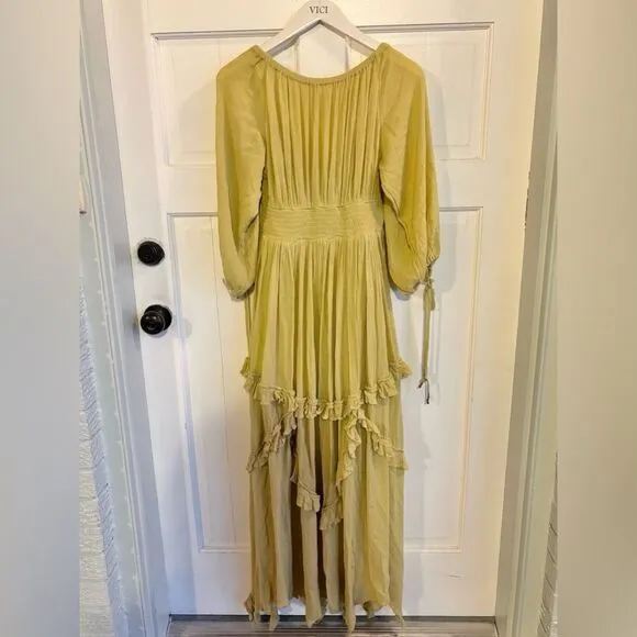 Nwt free people in your dreams ruffle maxi dress dried moss yellow