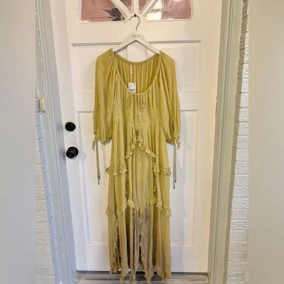Nwt free people in your dreams ruffle maxi dress dried moss yellow