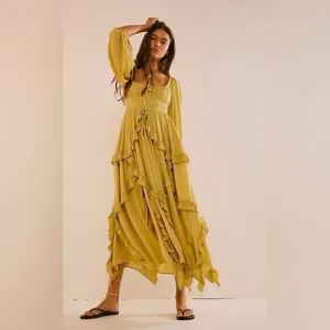 Nwt free people in your dreams ruffle maxi dress dried moss yellow