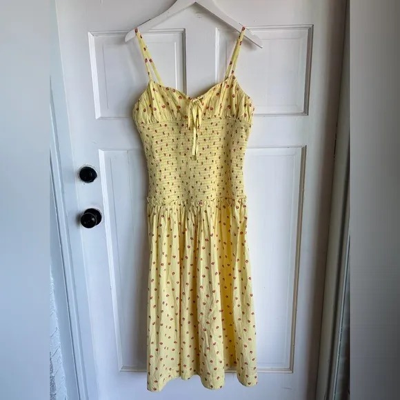 NWT Free People Lavender Daze Yellow Strawberry Smocked Midi Dress