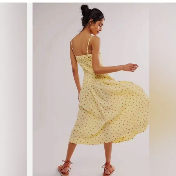 NWT Free People Lavender Daze Yellow Strawberry Smocked Midi Dress