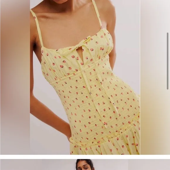 NWT Free People Lavender Daze Yellow Strawberry Smocked Midi Dress