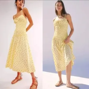 NWT Free People Lavender Daze Yellow Strawberry Smocked Midi Dress