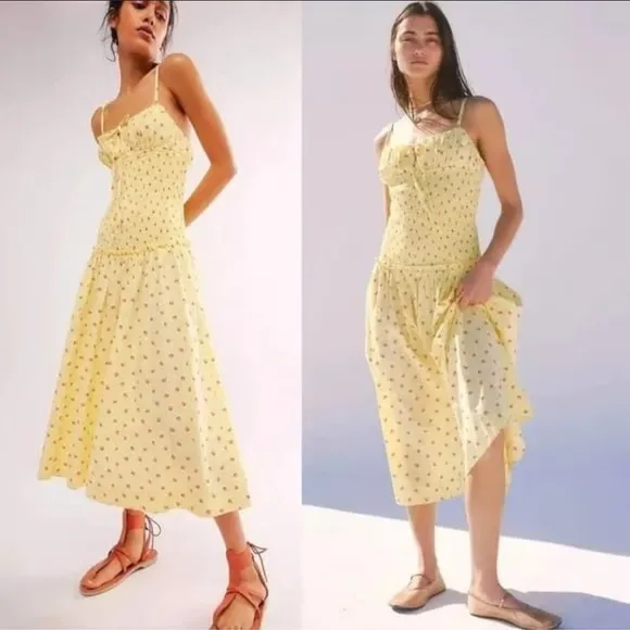 NWT Free People Lavender Daze Yellow Strawberry Smocked Midi Dress