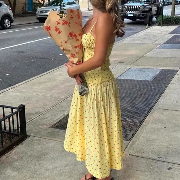 NWT Free People Lavender Daze Yellow Strawberry Smocked Midi Dress