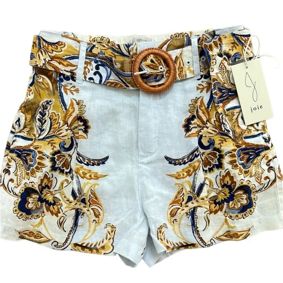NWT Joie Linen Shorts brocade high rise with removable rattan style belt