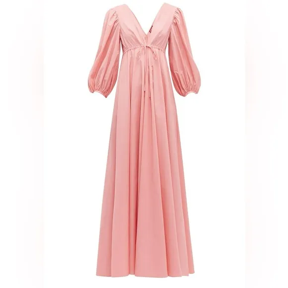 NWT STAUD Amaretti Cotton poplin midi dress puff sleeve v neck maxi size small