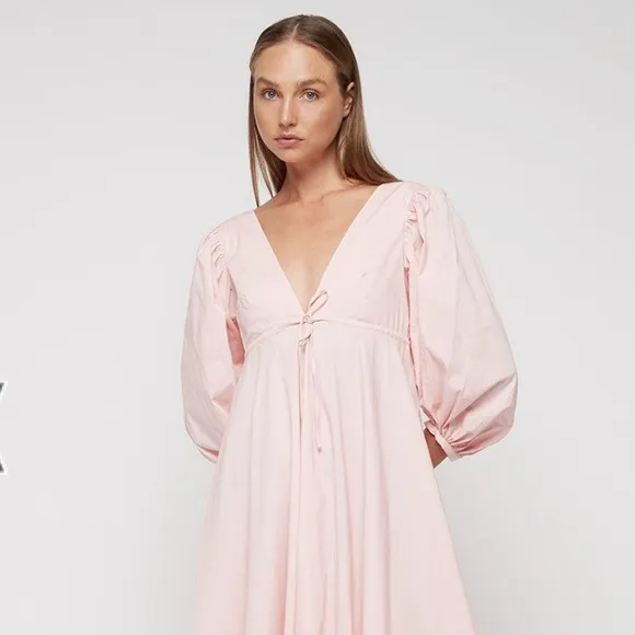 NWT STAUD Amaretti Cotton poplin midi dress puff sleeve v neck maxi size small