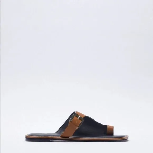 NWT ZARA Asymmetric Flat Genuine Leather Sandals With Buckler