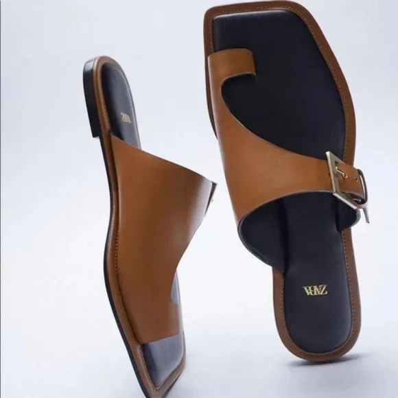 NWT ZARA Asymmetric Flat Genuine Leather Sandals With Buckler