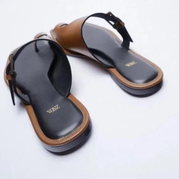 NWT ZARA Asymmetric Flat Genuine Leather Sandals With Buckler