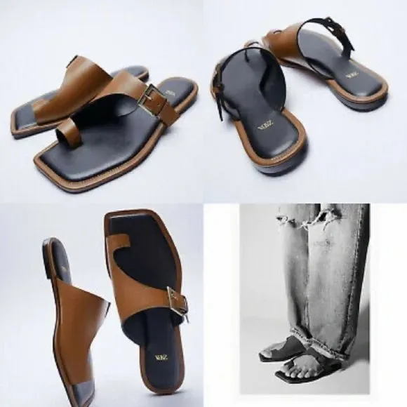 NWT ZARA Asymmetric Flat Genuine Leather Sandals With Buckler