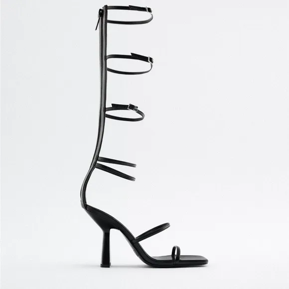 NWT. Zara Black Strappy Heeled Sandals. Size 6.