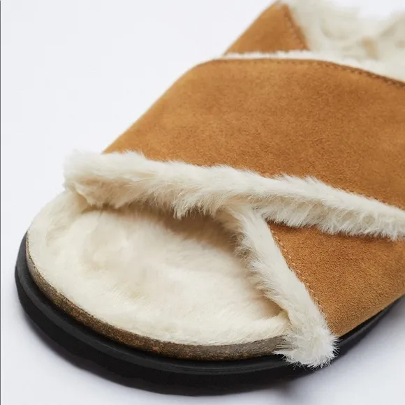 NWT. Zara Natural Color Faux Fur Flat Leather Sandals. Size 6,5.