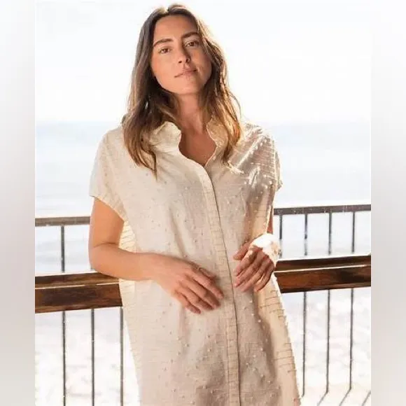 Outerknown Cream White Textured Bee Shirt Dress, size S