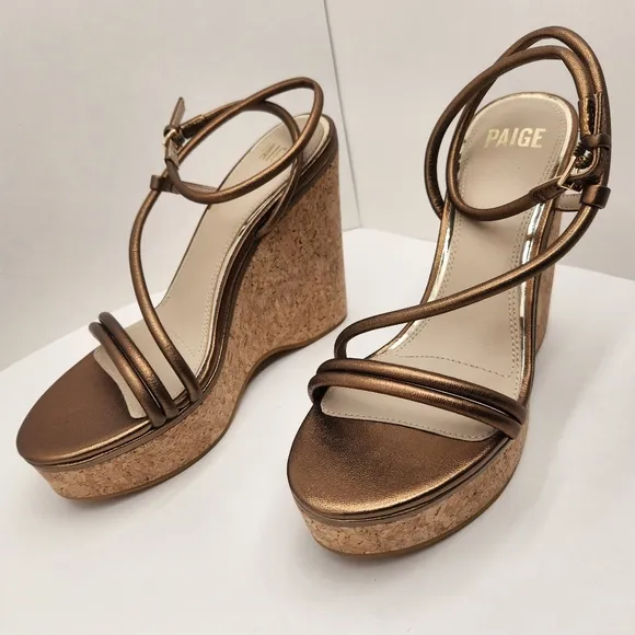 Paige wedge sandals women's 9 bronze leather Hallie strappy padded glam new $298