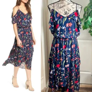 Parker Kam Silk Floral Cold Shoulder Tiered Midi Dress Navy Sz XS