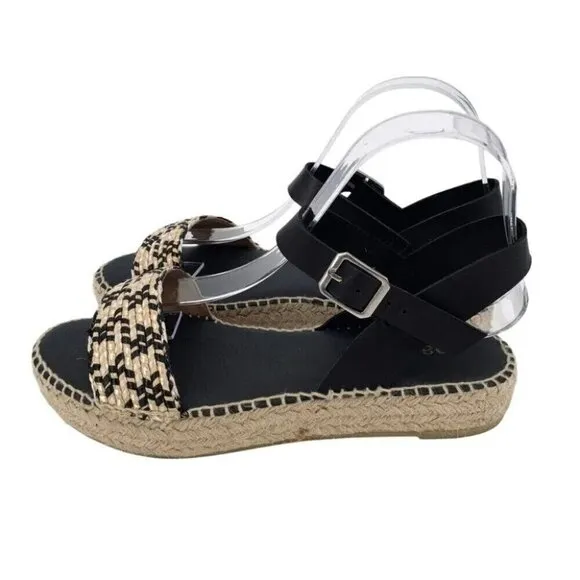 paseart Sandals Womens 8.5 Black Tan Espadrilles Leather Platform Made in Spain