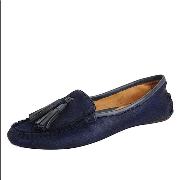 PATRICIA GREEN Calf Hair Driving Loafers Moc Toe Tassels Blue Preppy Classic 11