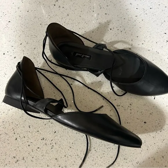 Paul Green Black Leather Lydia Pointed Toe Lace Up Flats