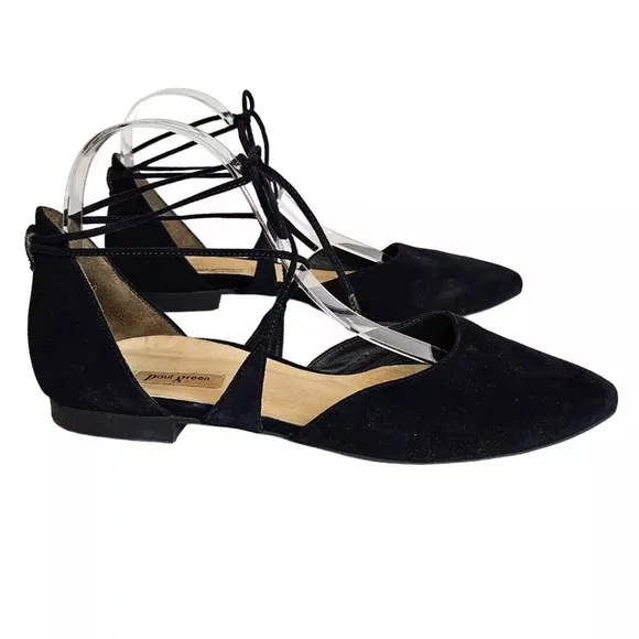 Paul Green Black Leather Lydia Pointed Toe Lace Up Flats