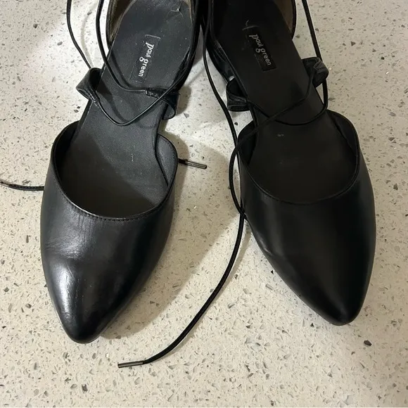 Paul Green Black Leather Lydia Pointed Toe Lace Up Flats