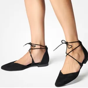 Paul Green Black Leather Lydia Pointed Toe Lace Up Flats
