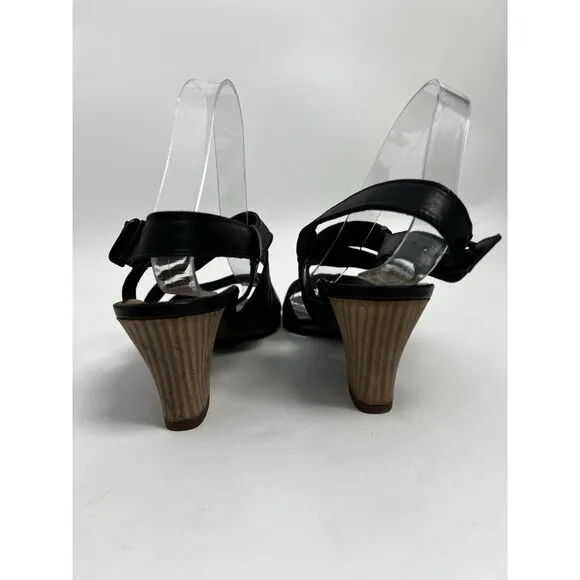 Paul Green designer black Leather Straps Heeled sandals Shoes Sz 7.5 US Sz 10