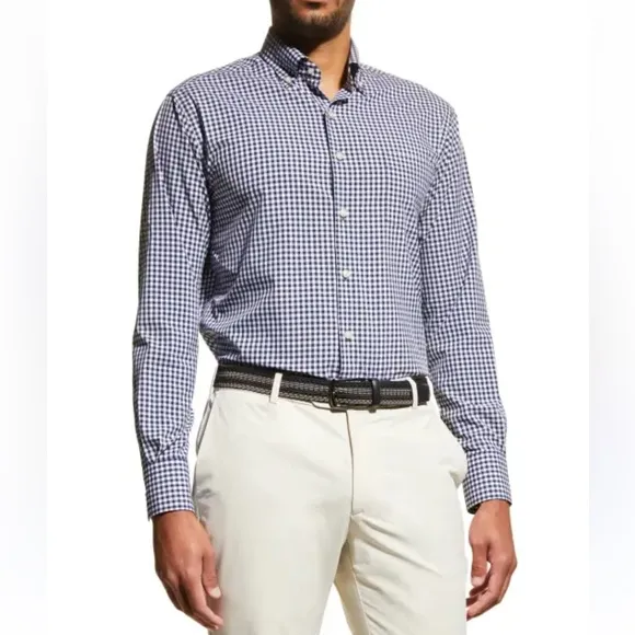 Peter Millar Navy Gingham Check Performance Fabric Button Down Shirt | SMALL