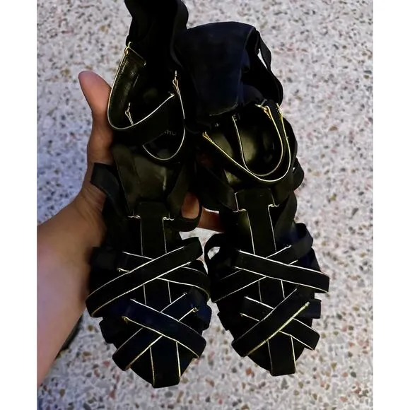 Pierre Hardy Black Gold cage strappy stiletto heels 4.5&quot; size US7/IT37 pre loved