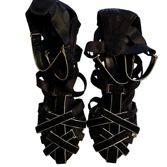 Pierre Hardy Black Gold cage strappy stiletto heels 4.5&quot; size US7/IT37 pre loved